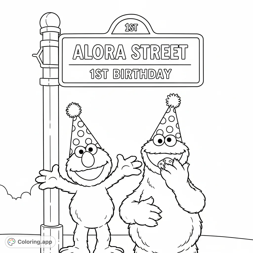 A delightful Elmo and Cookie Monster coloring page featuring the characters with birthday hats and a personalized "Alora Street 1st birthday" sign.