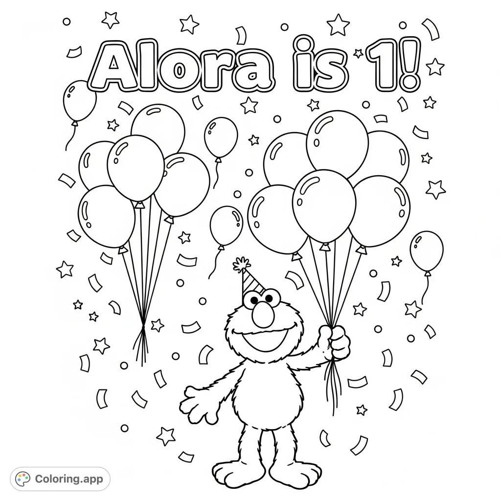 Elmo celebrates Alora's first birthday amidst balloons, confetti, and stars. A joyful scene featuring "Alora is 1!" in bubble letters, perfect for young fans.