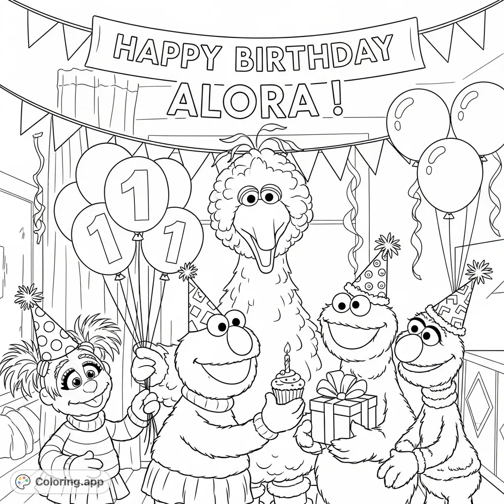 Join Elmo, Big Bird, Cookie Monster, Abby, and Grover for Alora's birthday! Features festive hats, balloons, gifts, and a cupcake.