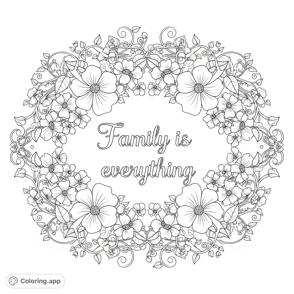 A heartwarming "Family is everything" quote framed by abundant, intricate flowers and swirling patterns, perfect for a peaceful and expressive coloring experience.