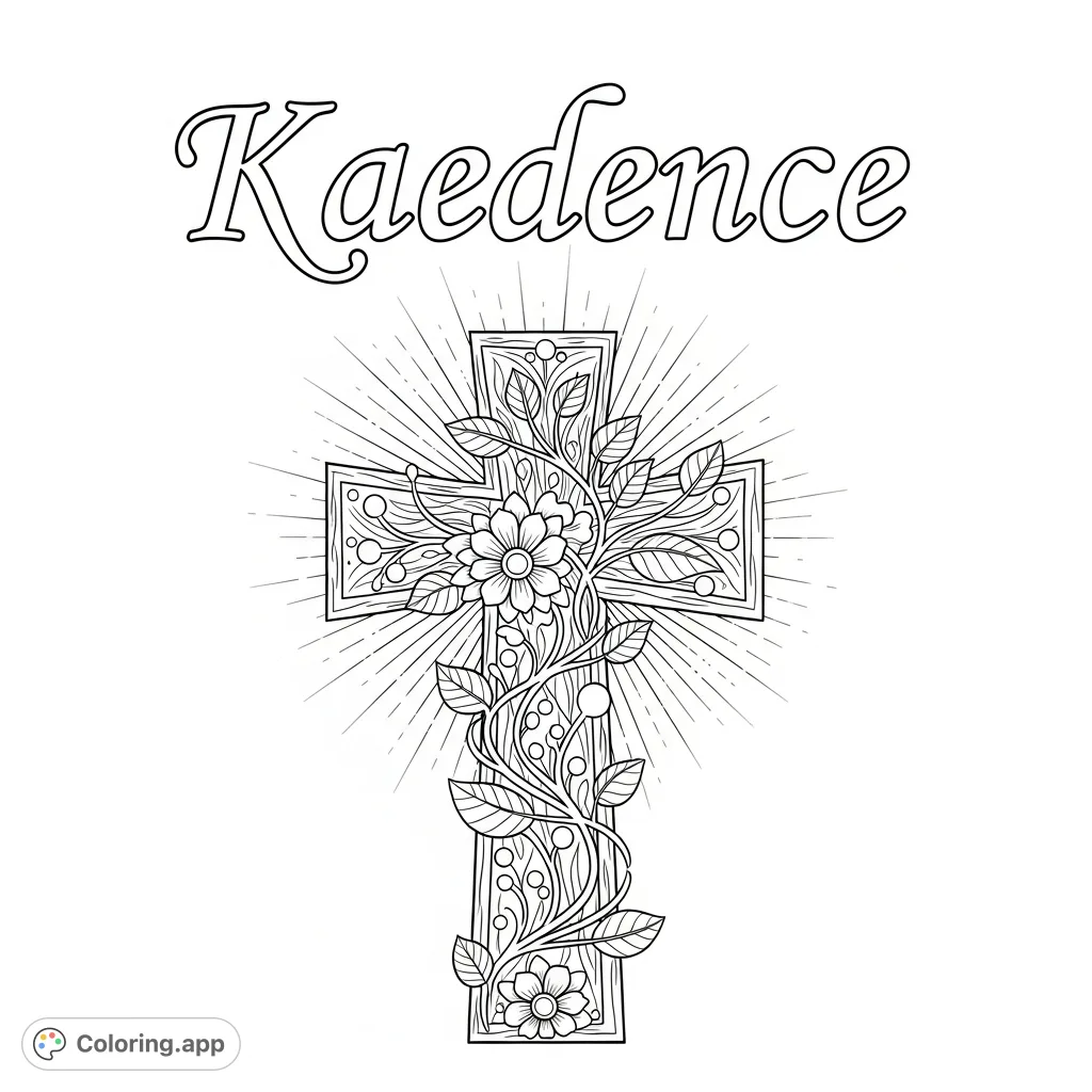 An elegant coloring page featuring the name Kaedence in beautiful script and a beautifully carved cross with floral and leaf patterns. Perfect for personal reflection.