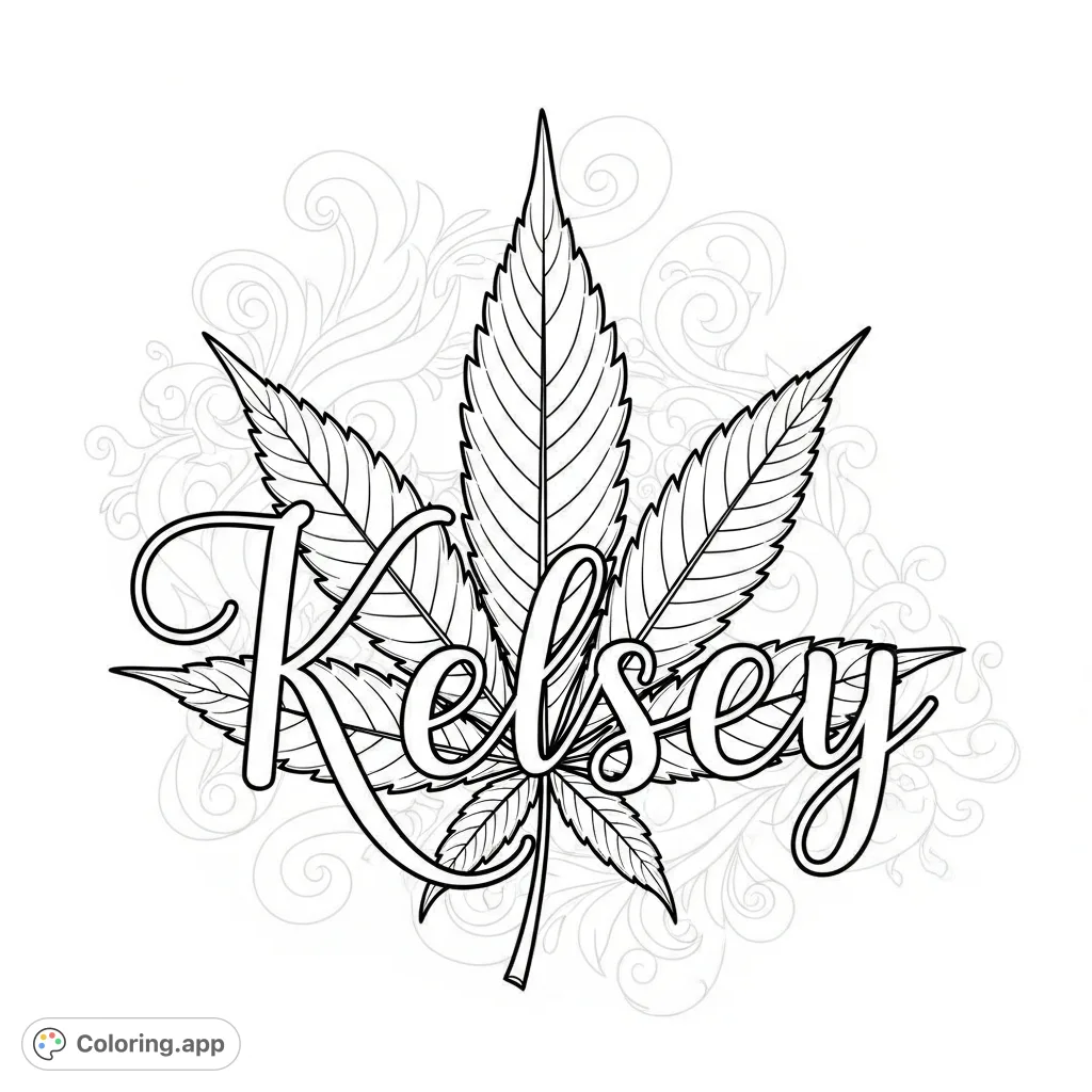 An elegant design showcasing the name "Kelsey" interwoven with a detailed marijuana leaf, surrounded by subtle botanical patterns for a unique adult coloring experience.