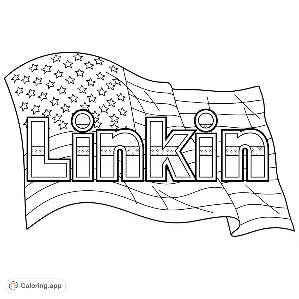 A striking Linkin coloring page featuring bold letters for the name 'Linkin' backed by a grand, waving American flag with stars and stripes. A patriotic free printable coloring page.