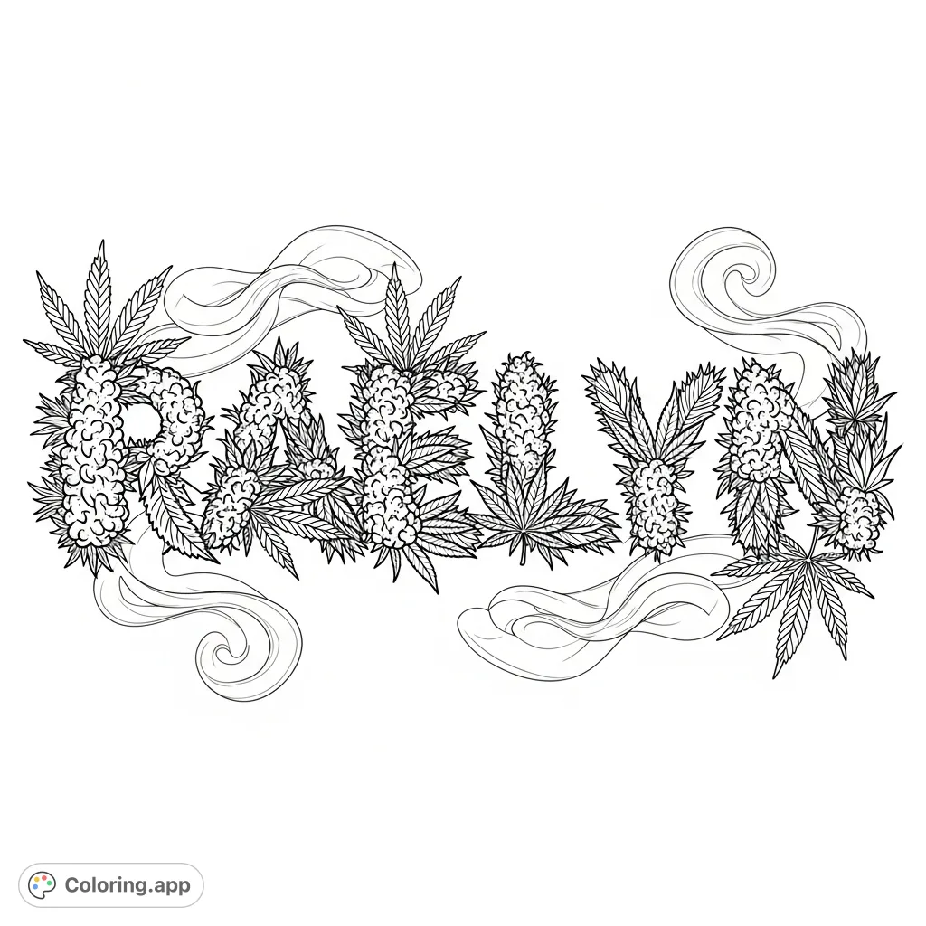 A unique "Raelyn" marijuana coloring page featuring the name intricately woven with detailed cannabis leaves and smoke, offering a creative outlet for adults.