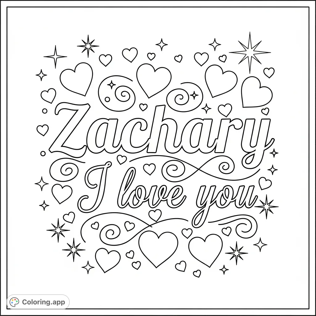 A heartfelt coloring page featuring the name 'Zachary' and the phrase 'I love you,' adorned with delightful hearts and swirls for a personal touch.
