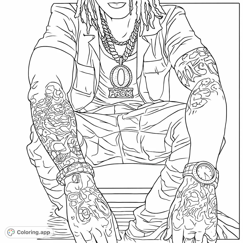 A detailed coloring page depicting an urban figure adorned with intricate tattoos, chains, and a stack of currency, capturing modern street style.