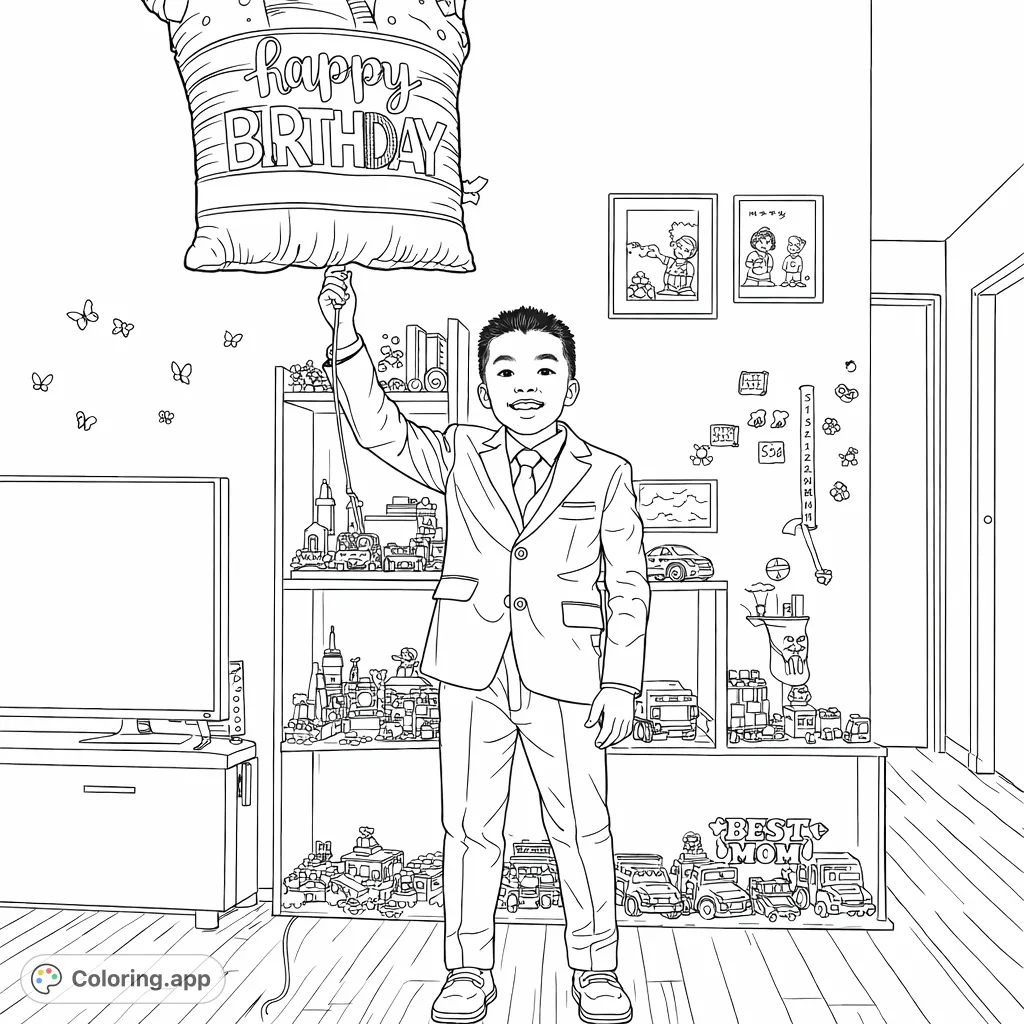 A young boy in a suit holds a 'Happy Birthday' balloon, surrounded by shelves packed with detailed toys and framed artwork. Perfect for a celebratory coloring experience.