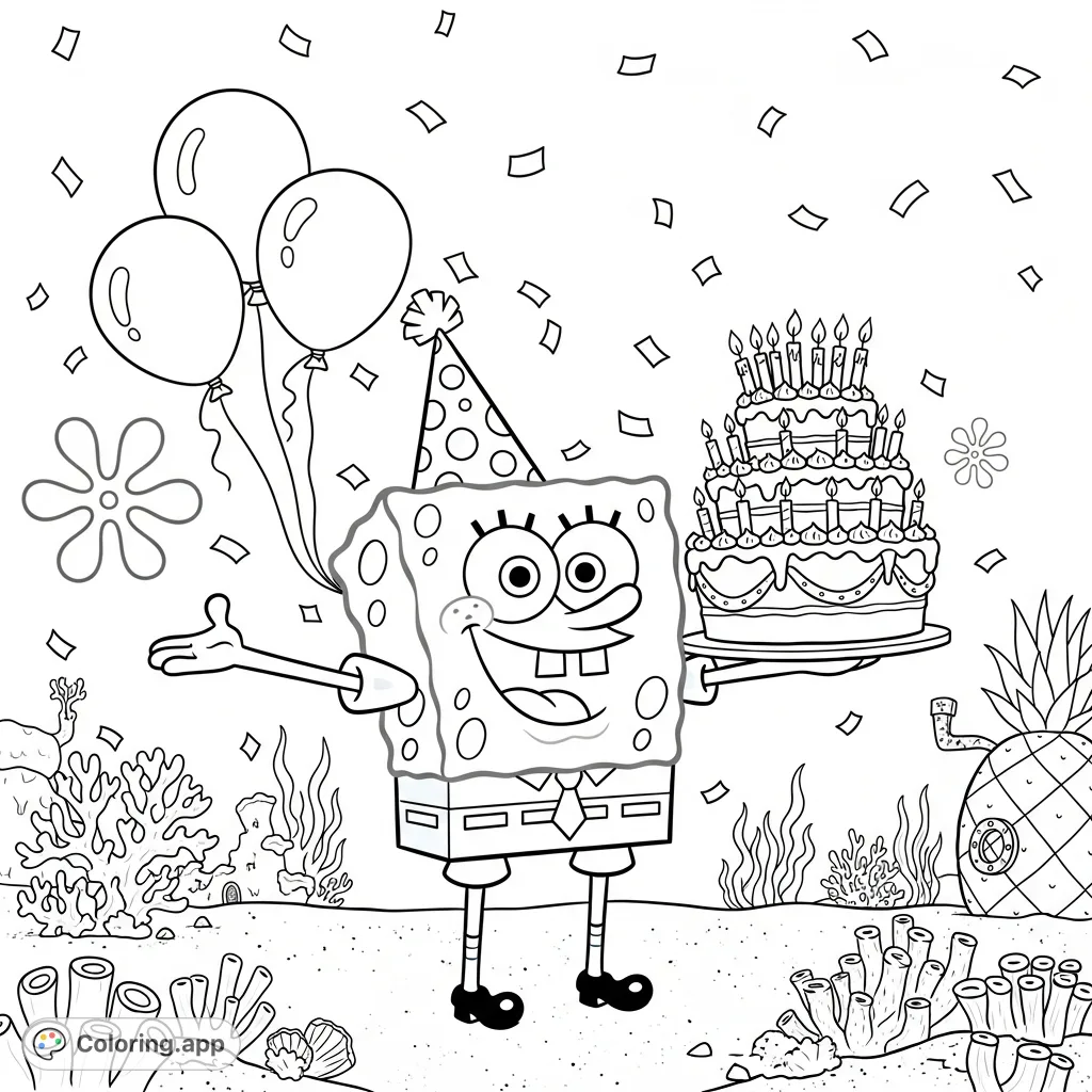 Join Spongebob for a fun-filled birthday! This free printable Spongebob birthday coloring page features Spongebob, cake, balloons, and festive Bikini Bottom elements.