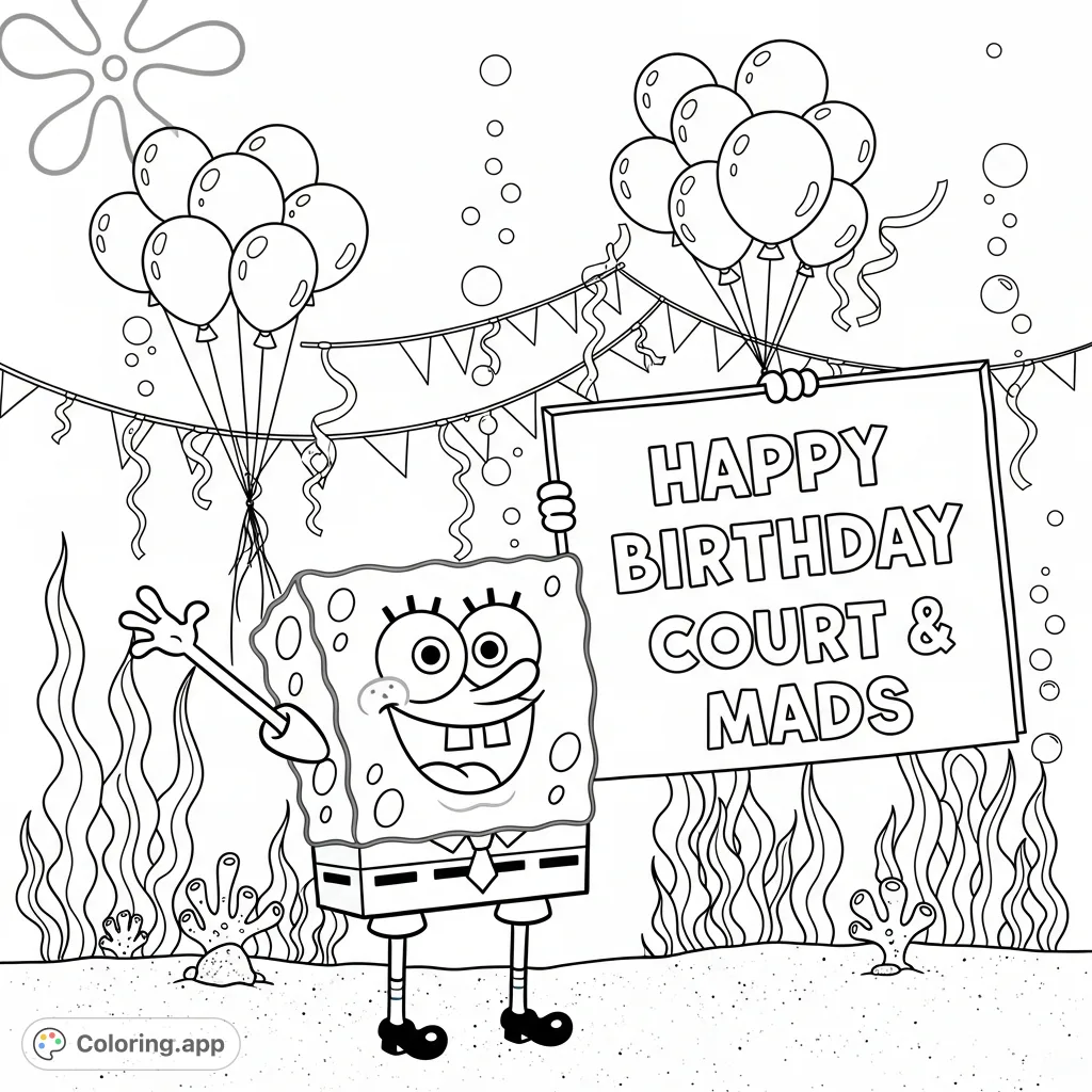 A delightful Spongebob Squarepants coloring page featuring Spongebob holding a personalized 'Happy Birthday Court & Mads' sign amidst a festive underwater scene.