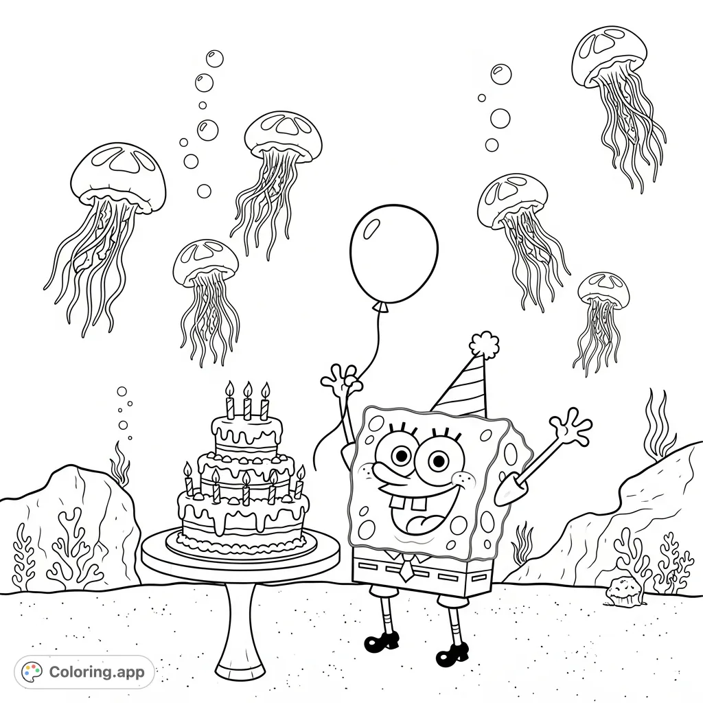 Join Spongebob for a joyful birthday celebration with playful jellyfish and a festive cake! A free printable Spongebob coloring page for endless fun.