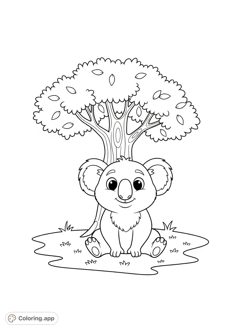 A charming koala sits peacefully under a small tree on a grassy patch. Simple design with large areas, perfect for young artists to explore colors.
