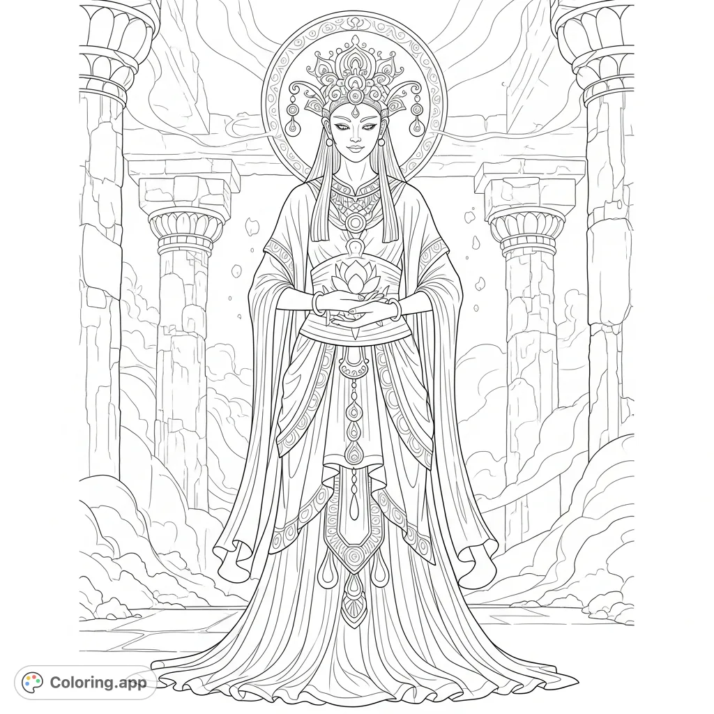 An awe-inspiring goddess embodying wisdom and compassion, adorned in intricate robes amidst a sacred setting, offering a profound coloring experience.