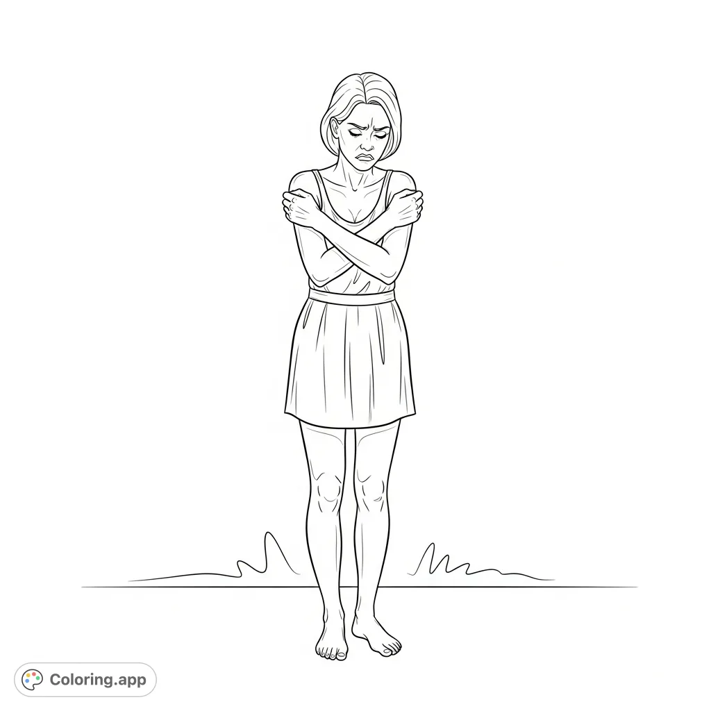 An anatomically detailed coloring page depicting a nude female figure in a pose of deep frustration. Explore human emotion and form through art.