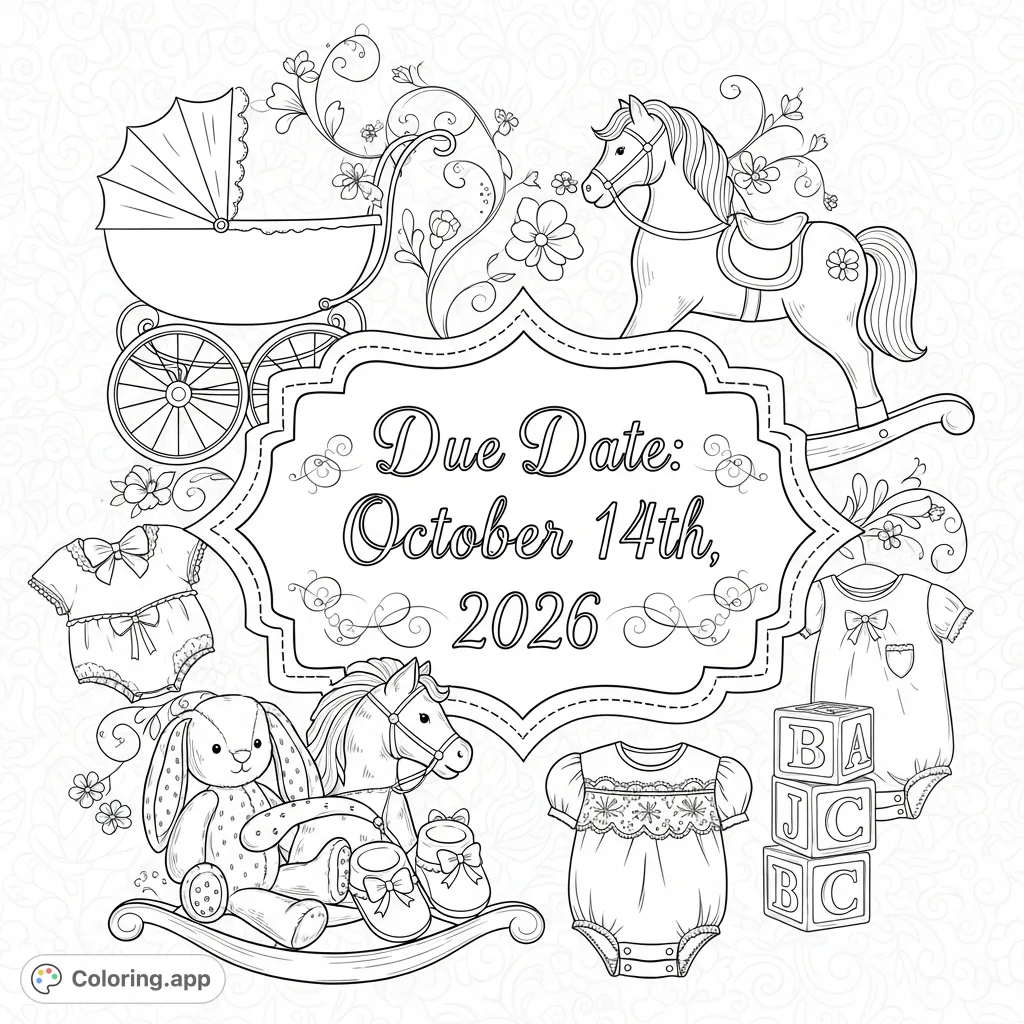An elegant, vintage-chic coloring page announcing a baby girl's due date, surrounded by charming classic baby items and delicate patterns. Perfect for expectant parents.