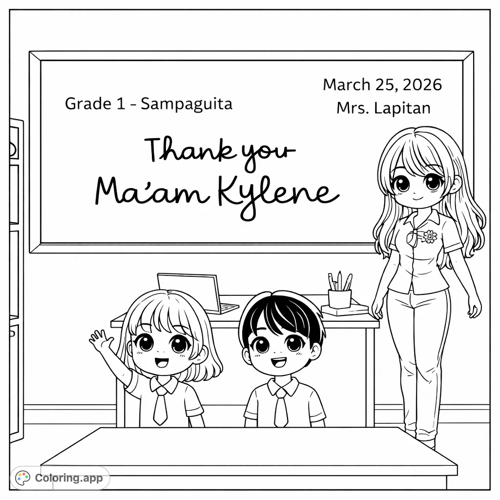 A heartwarming classroom scene with a teacher and two smiling students, featuring a blackboard message of appreciation. Perfect for school-themed creativity.