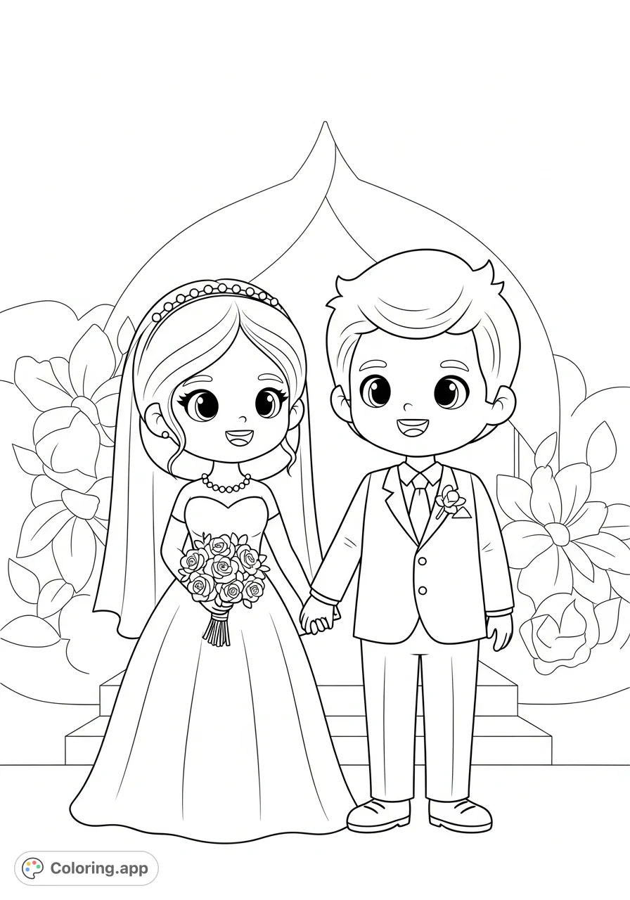 A delightful cartoon bride and groom with big eyes, smiling and holding hands in a sweet wedding scene, perfect for little hands to color.