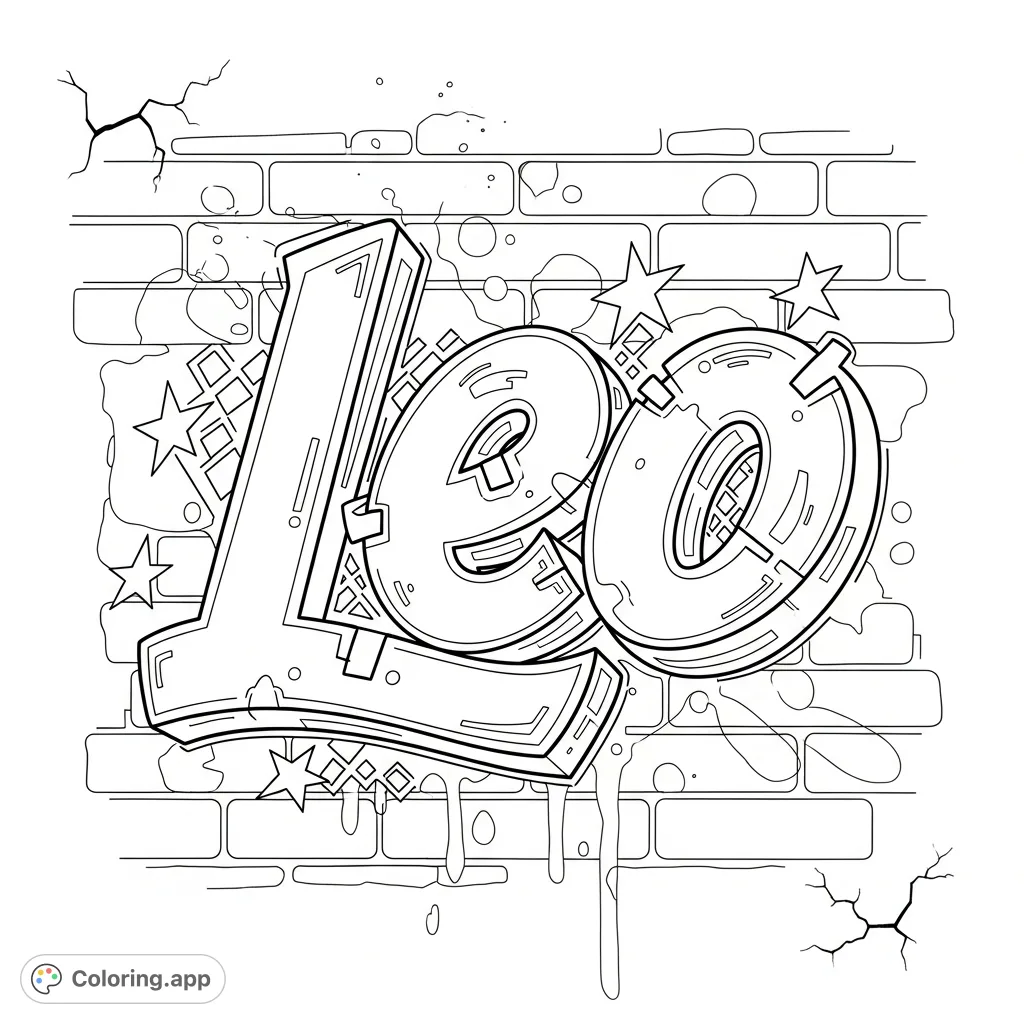 Bold, dynamic 'Leo' in graffiti style on a textured brick wall with urban splatters and geometric accents. A personalized street art coloring page.