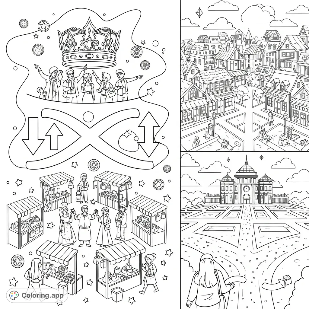 Explore key economic concepts like supply, demand, market, command economies, consumer sovereignty, opportunity cost, and incentives in one detailed, engaging coloring page.