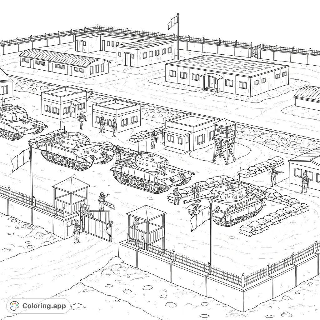 A detailed Italian military base coloring page featuring soldiers, powerful tanks, and fortified structures. Perfect for military enthusiasts and detailed coloring.