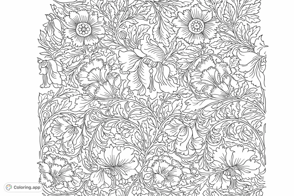Discover a captivating, intricate floral pattern coloring page with stylized blooms and swirling foliage. A detailed design perfect for relaxing, creative coloring sessions.