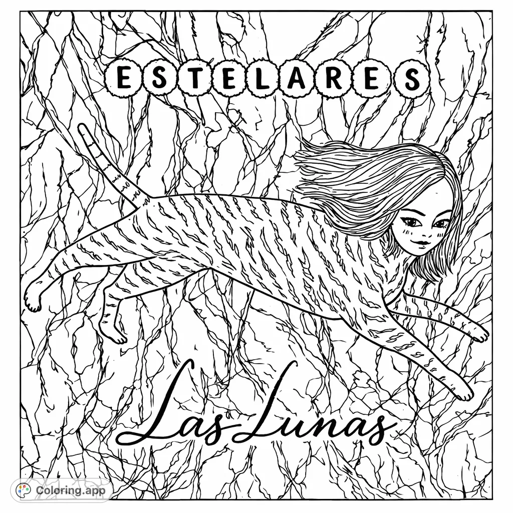 Unleash your creativity with this dynamic coloring page featuring a unique human-feline hybrid creature in a powerful leaping pose amidst an abstract, wild background.