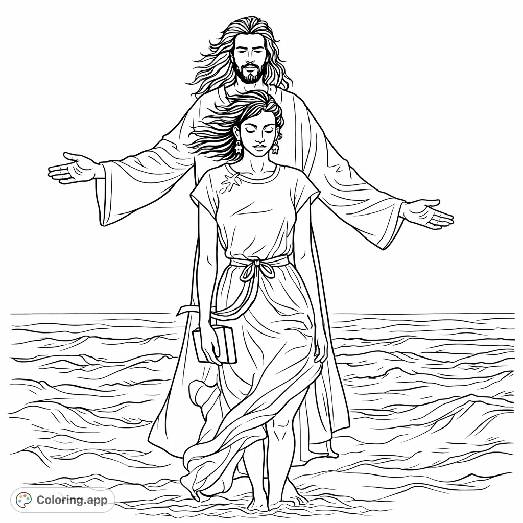Explore a powerful scene of spiritual guidance with a woman holding a book, protected by a figure with outstretched arms amidst a wavy expanse and open sky. Religious coloring page for contemplation.