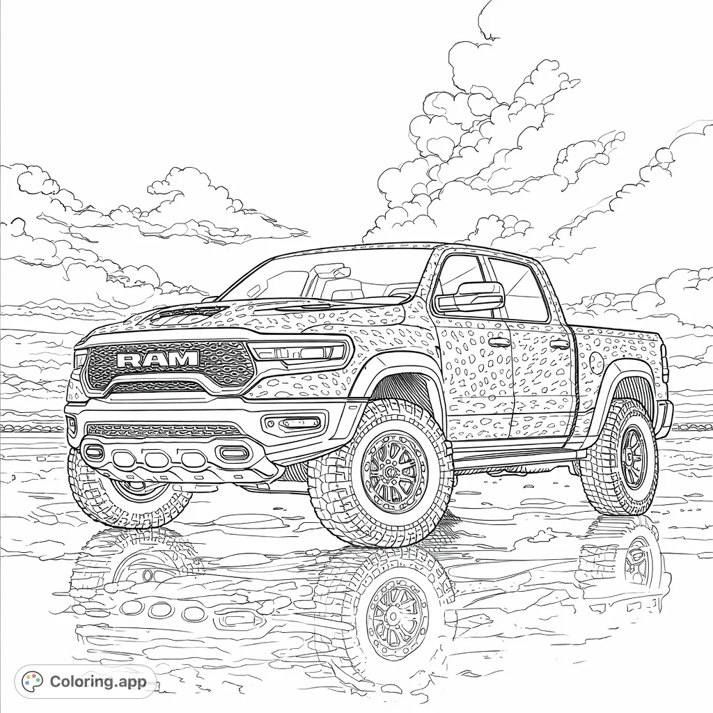 Unleash your wild side with this powerful cheetah print off-road truck coloring page, featuring rugged details, intricate patterns, and a dynamic pose.
