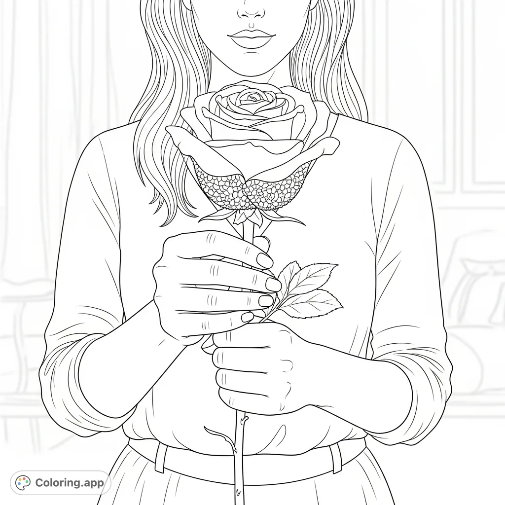 A woman holds a unique rose-shaped device with a focused expression in an intimate setting, perfect for an adult coloring page.