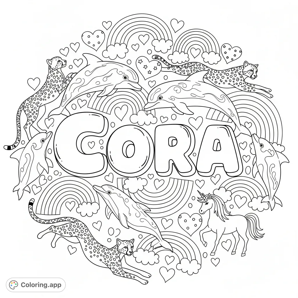 A vibrant, high-energy 'Cora' coloring page featuring graceful dolphins, playful cheetah cats, majestic unicorns, rainbows, and hearts for endless creative fun!