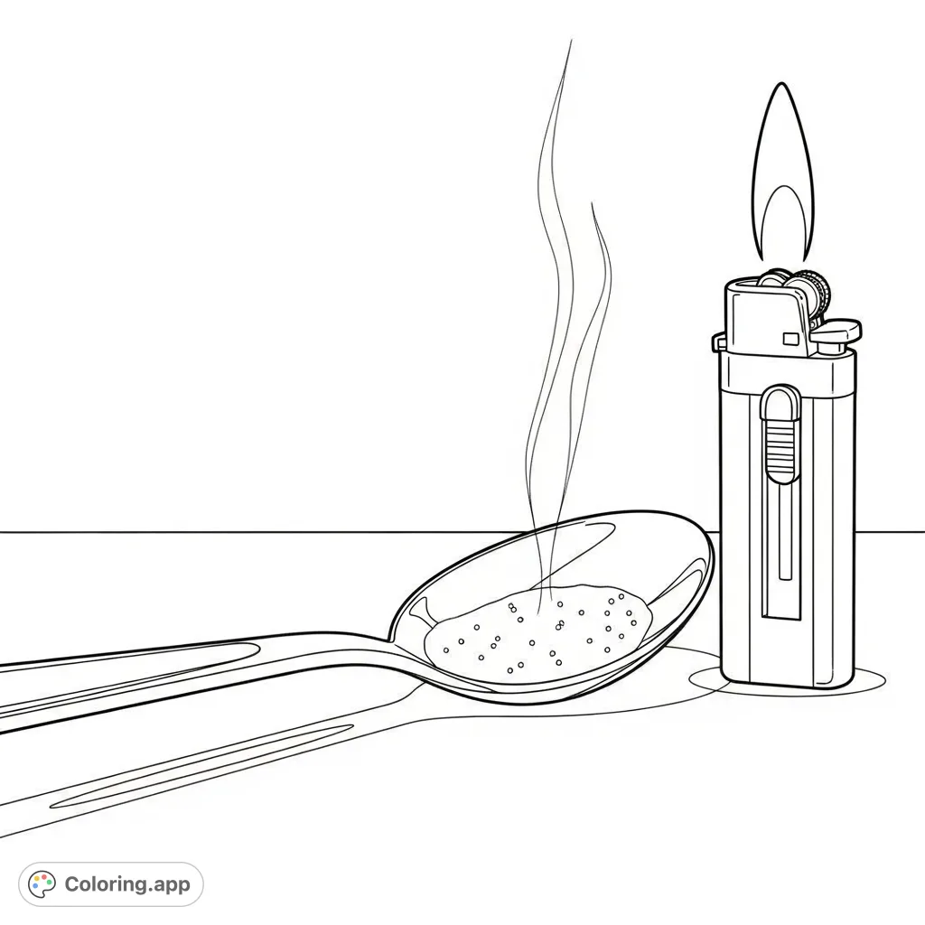 Explore a detailed coloring page featuring a utility lighter with an active flame directed at a spoon containing textured residue, set against a plain surface.