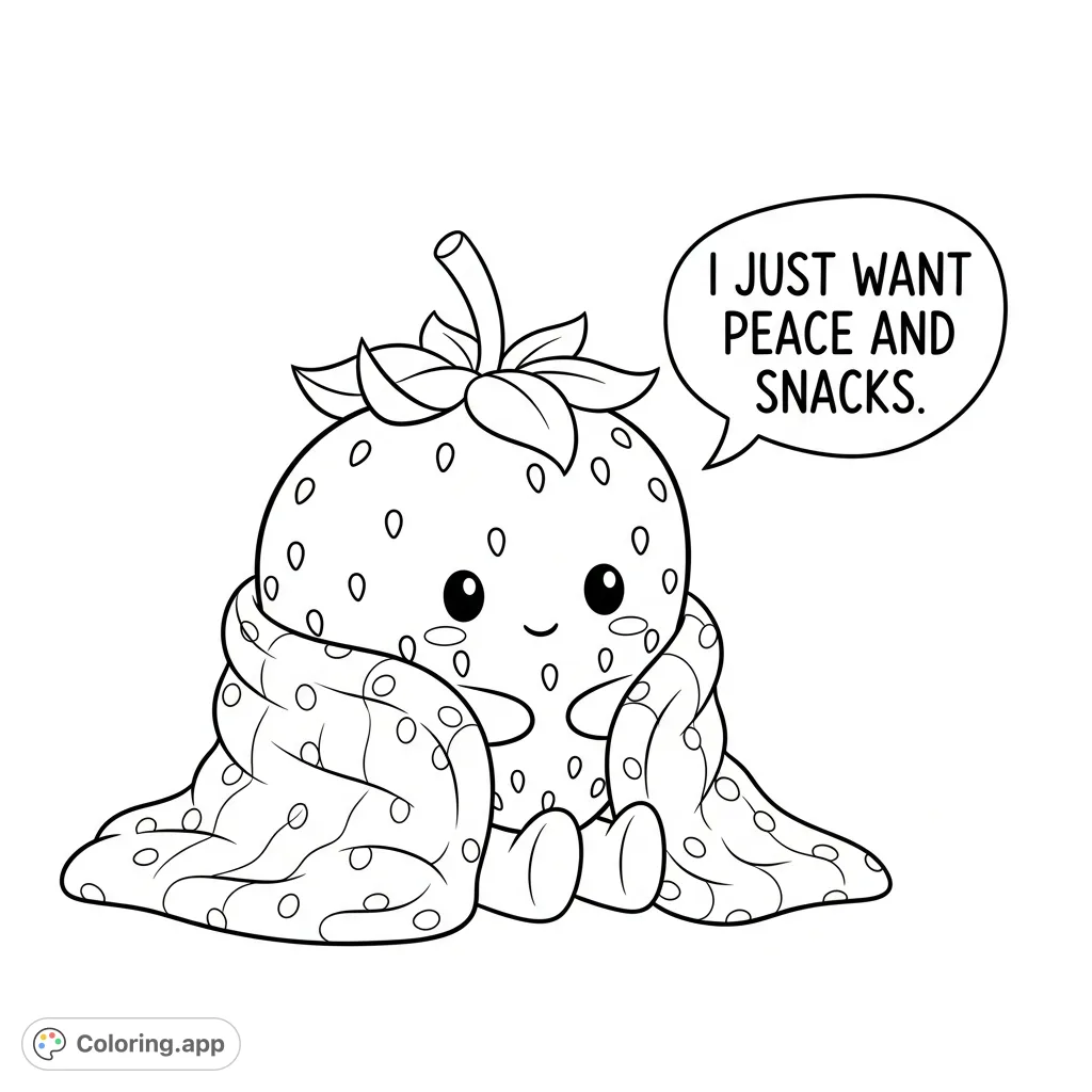 A delightful strawberry character relaxes under a cozy blanket, expressing a desire for peace and snacks in a cute speech bubble. Perfect for a calming coloring session!
