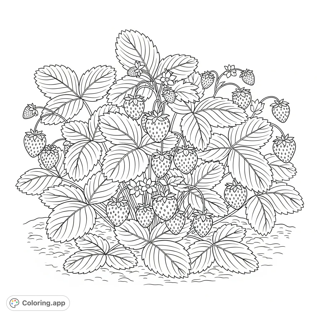 A delightful strawberry plants coloring page, showcasing ripe berries nestled among lush leaves in a charming garden setting. Perfect for all ages!