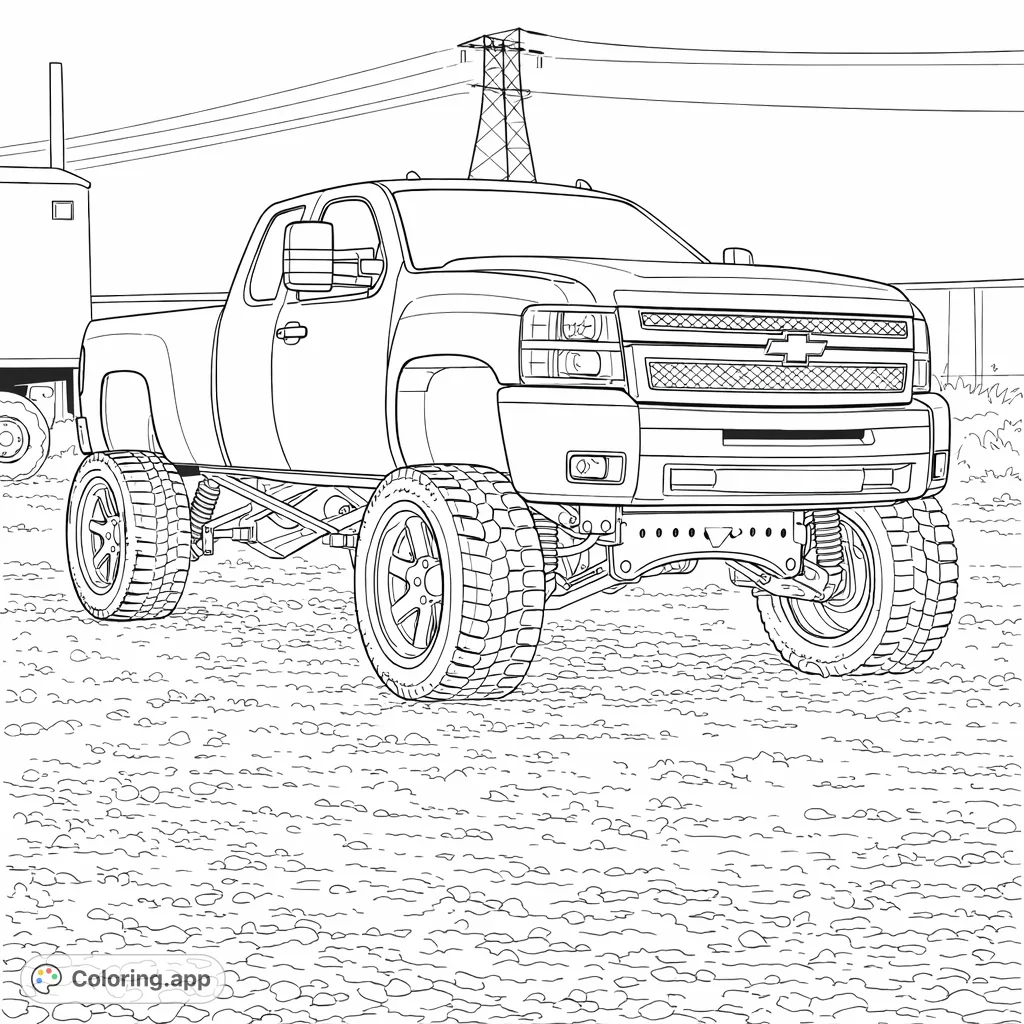 Unleash your creativity on this powerful lifted pickup truck coloring page. Features rugged tires, intricate wheels, and a detailed grille set on a gravel landscape.