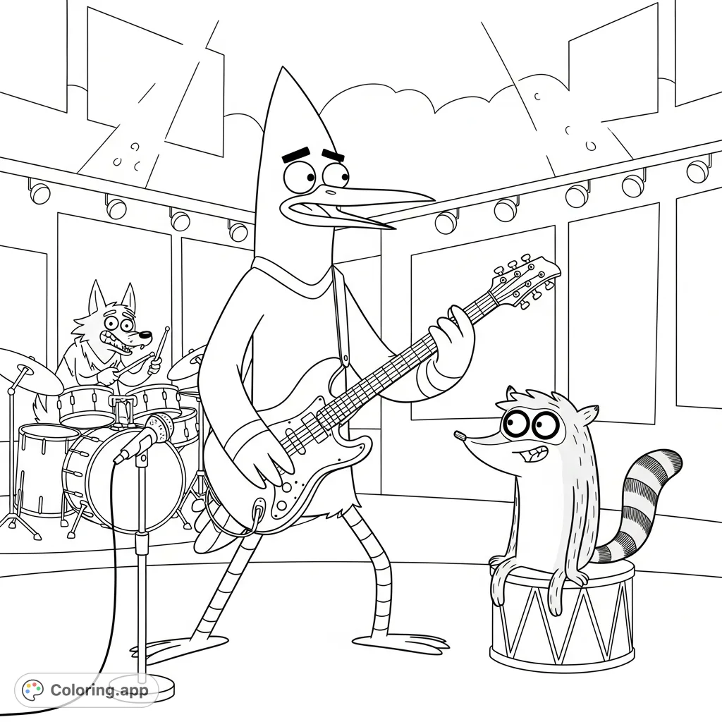 Join Mordecai shredding on electric guitar with Rigby cheering him on in this dynamic Regular Show coloring page. Perfect for fans to unleash their creativity!