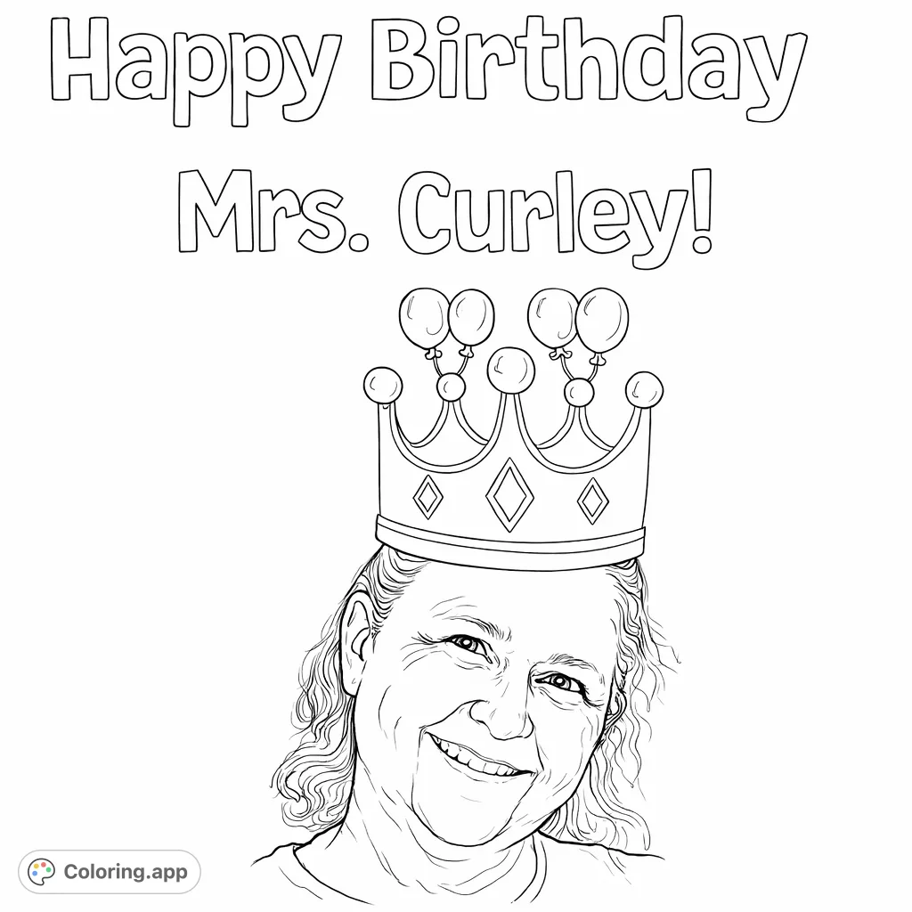 A festive birthday coloring page featuring 'Happy Birthday Mrs. Curley!' text, a grand crown adorned with balloons, and a joyfully smiling face.