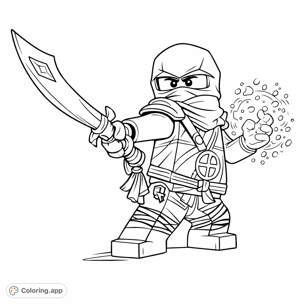 Unleash your creativity with this dynamic ninja master coloring page, featuring a block-figure hero wielding a powerful sword and mystical energy.