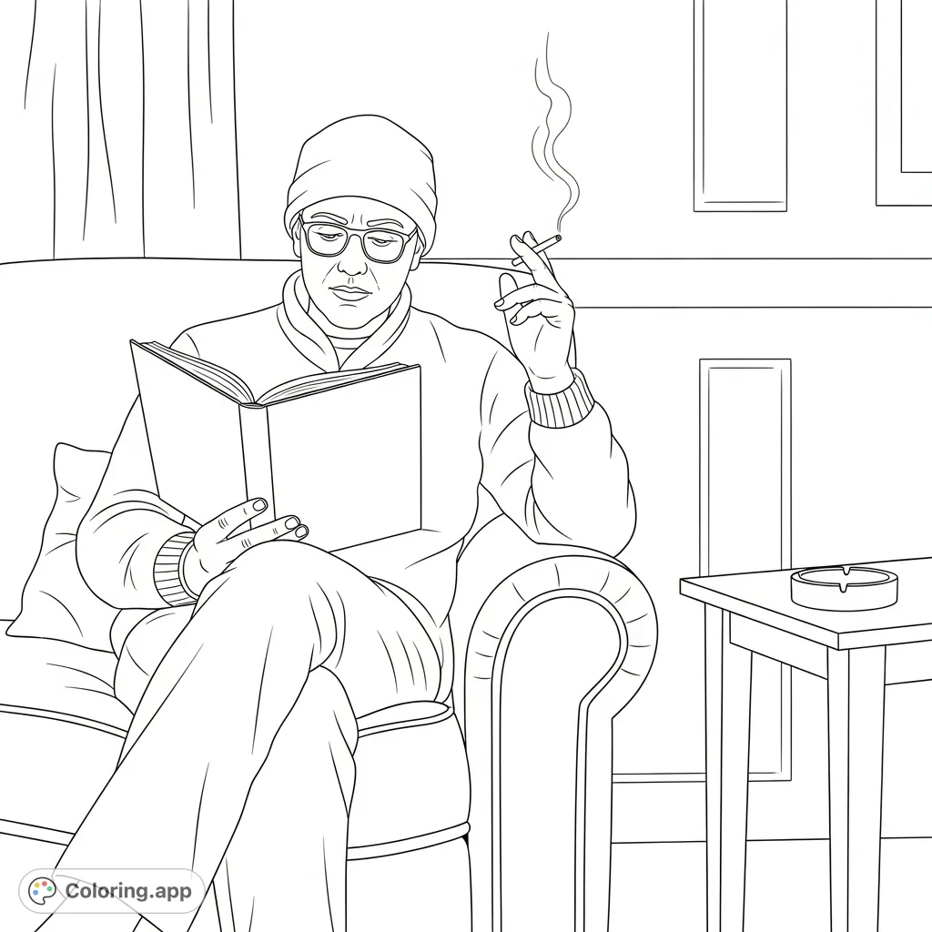 An adult figure unwinds in an armchair, absorbed in a book with a cigarette, offering a detailed adult reading coloring page for quiet reflection.