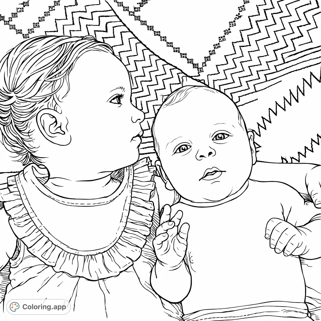 A heartwarming siblings coloring page featuring a toddler and baby snuggled together on a patterned blanket, perfect for celebrating family bonds.