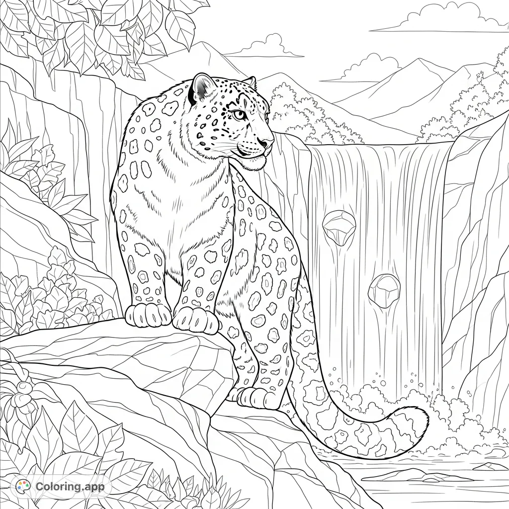 Capture the wild beauty of a snow leopard amidst a striking waterfall scene. This free printable coloring page offers intricate details for a rewarding experience.