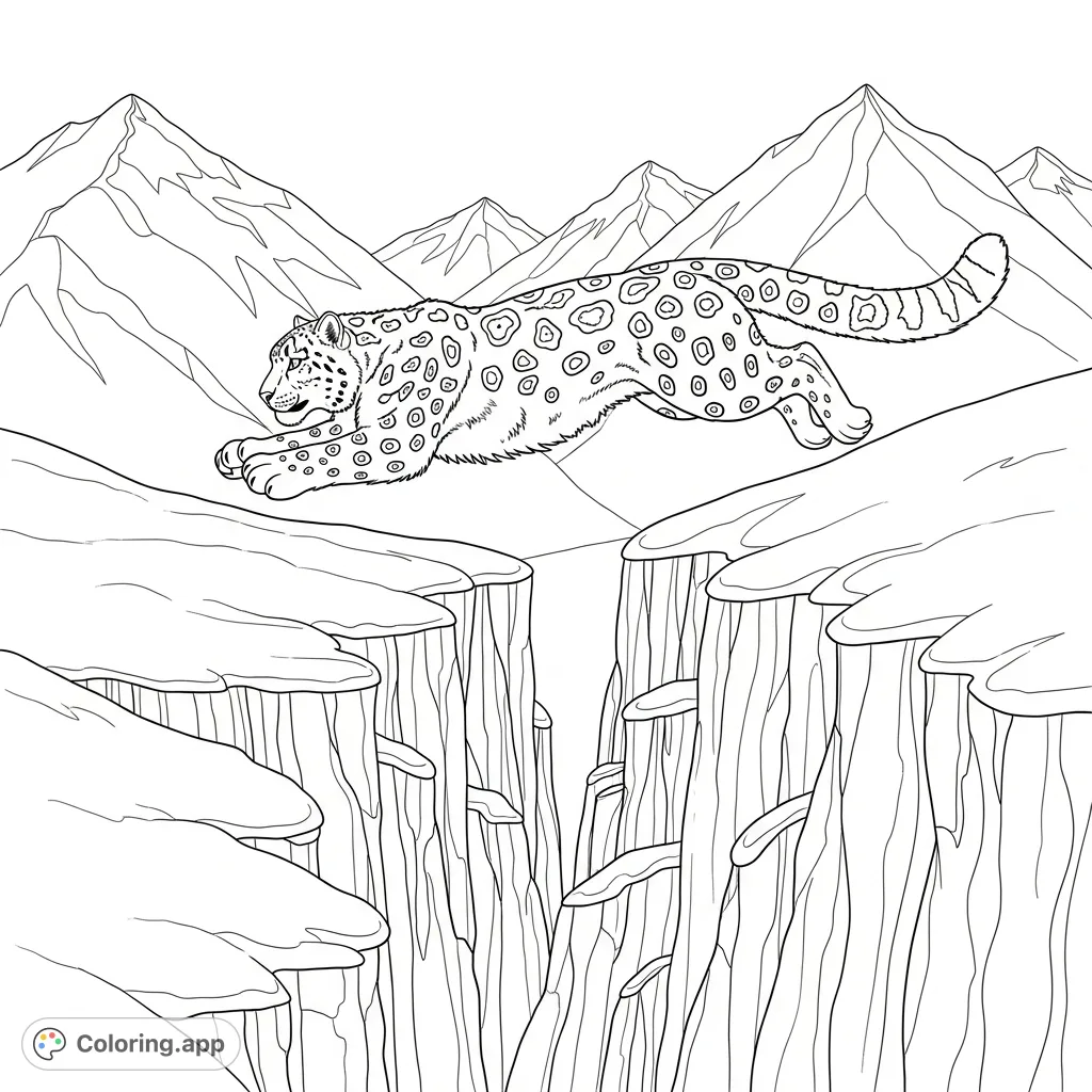 Experience the thrill of a majestic snow leopard leaping across a perilous mountain ravine. Detailed fur patterns and snowy peaks await your creative touch.