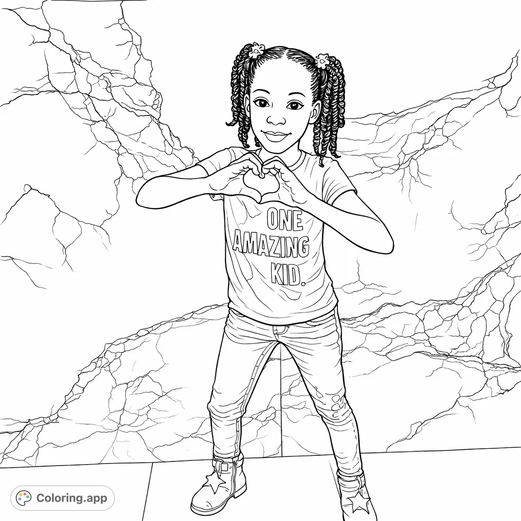A delightful amazing kid coloring page featuring a young girl forming a heart with her hands. Perfect for spreading positivity and creativity!