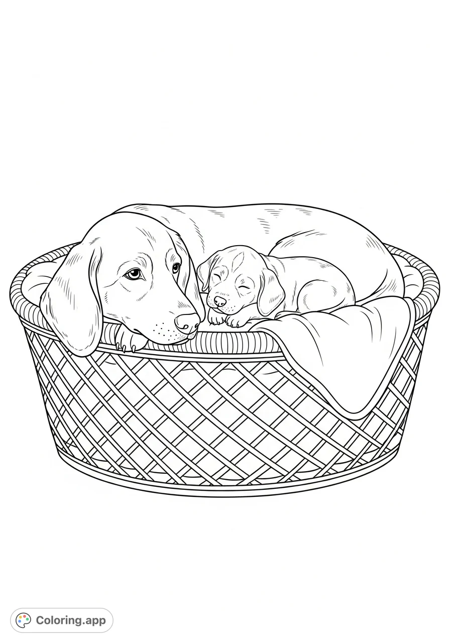 A heartwarming scene featuring a mother dog cuddling her small puppy inside a cozy woven basket, capturing a tender moment of canine affection.