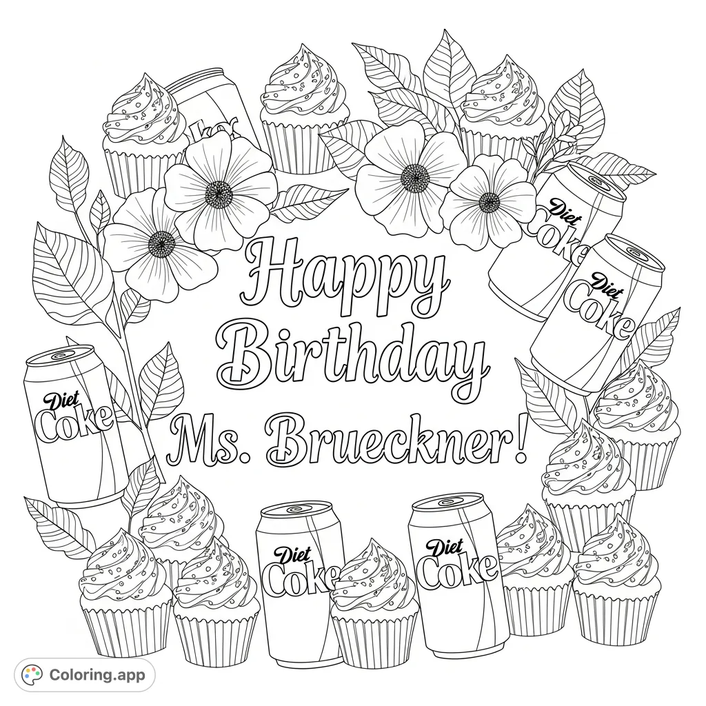 A delightful birthday celebration coloring page featuring flowers, Diet Coke, and cupcakes surrounding a special 'Happy Birthday Ms. Brueckner!' message.