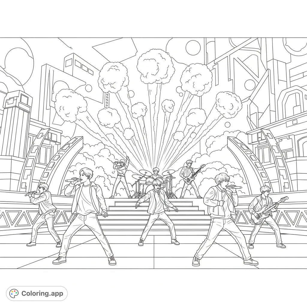An electrifying K-pop band performance coloring page, showcasing dynamic stage presence, dramatic pyrotechnics, and intricate stage elements for an immersive music video scene.