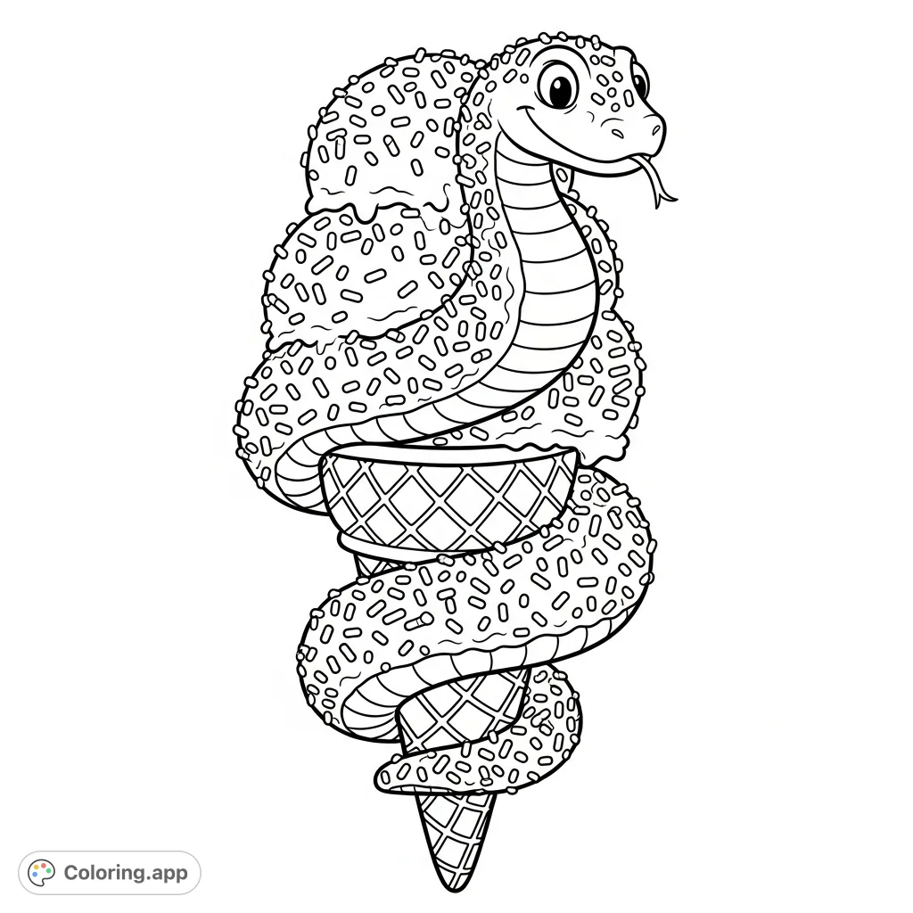 Meet Gary, the playful snake, disguised as a delightful ice cream cone covered in whimsical sprinkles. A fun, free printable coloring page!