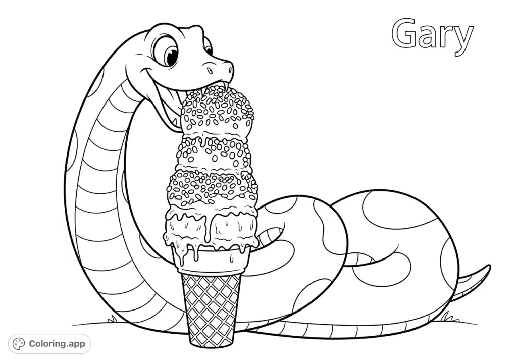 Gary, a large, friendly snake, joyfully devours a towering ice cream cone covered in whimsical sprinkles. A fun, free printable coloring page!