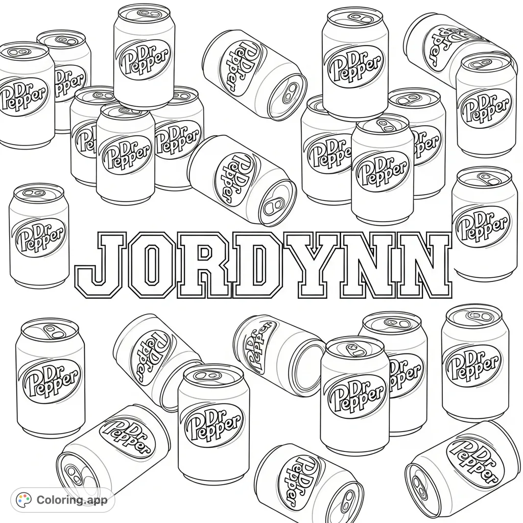 A fun, personalized Dr. Pepper coloring page featuring the name Jordynn surrounded by iconic soda cans. Perfect for a unique, refreshing creative break.