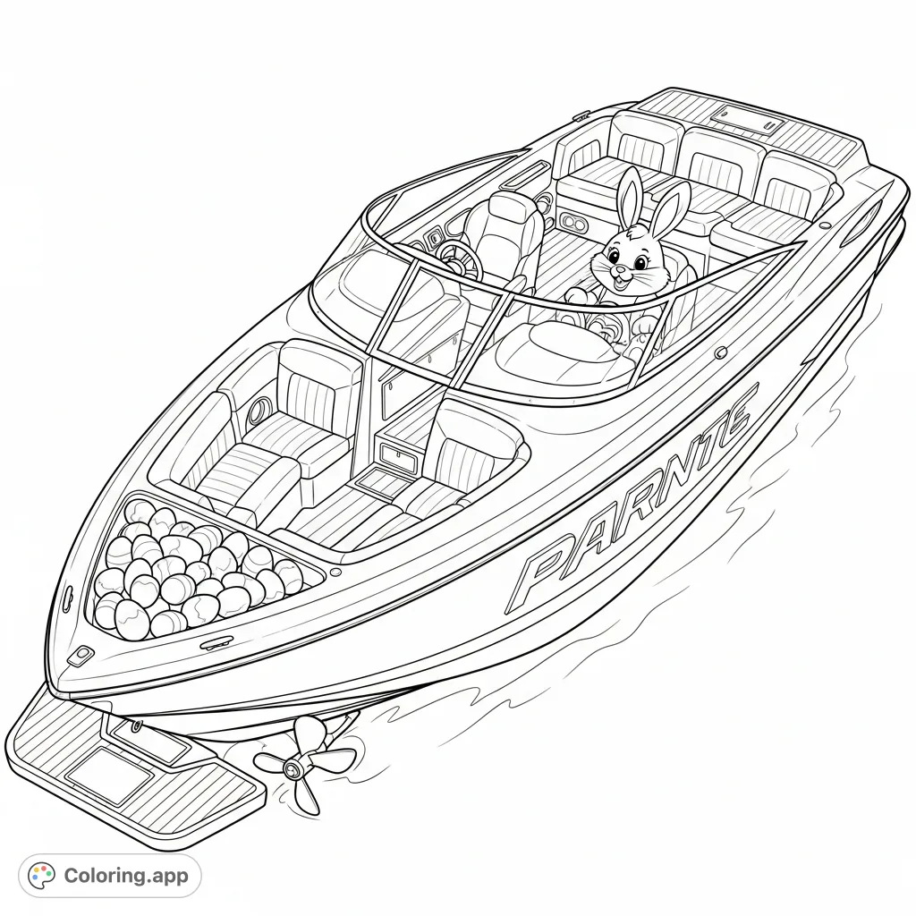 An adorable Easter bunny drives a modern sports boat filled with eggs on calm water. A fun, free printable Easter boat coloring page for all ages!
