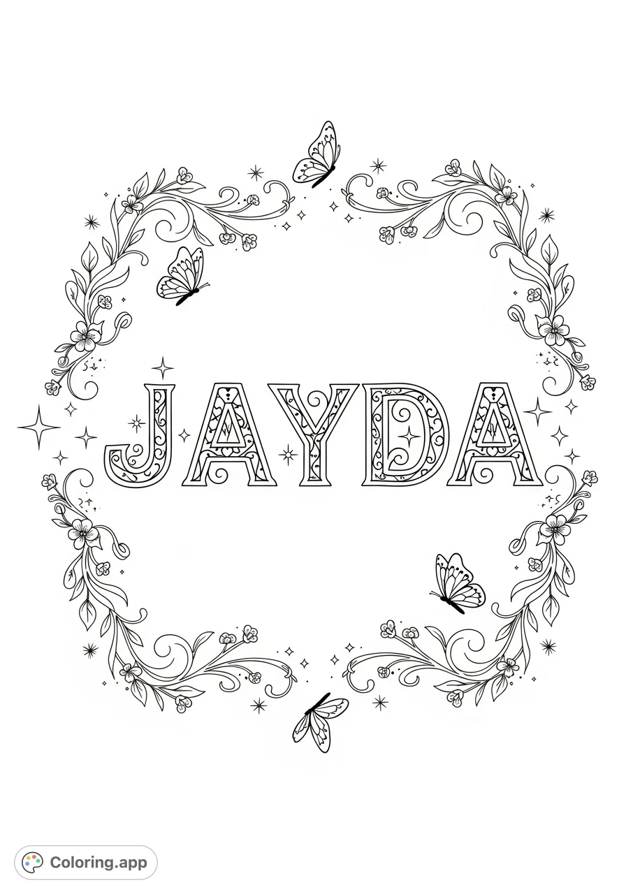 Discover the exquisite JAYDA coloring page, featuring elegant, patterned script surrounded by whimsical vines, blossoms, and butterflies for a truly enchanting coloring experience.