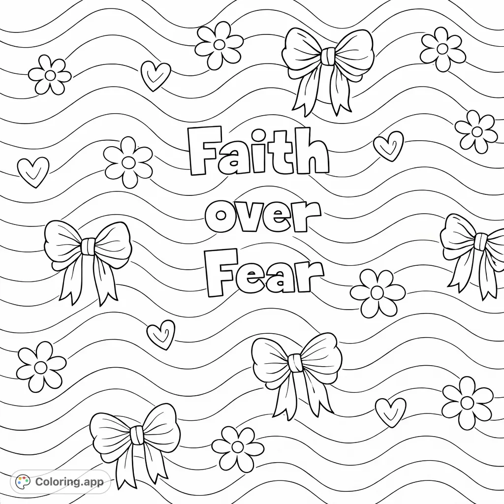 A preppy faith over fear coloring page featuring elegant bows, delicate daisy patterns, and small hearts. A meaningful design for all ages to color and inspire.